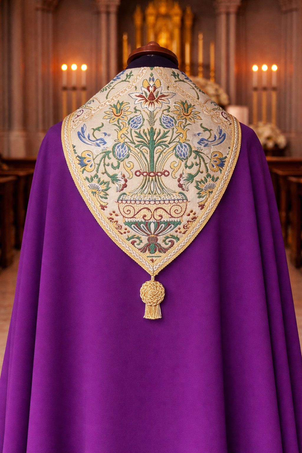 Purple liturgical vestment with an ornate, embroidered stole in a church setting.