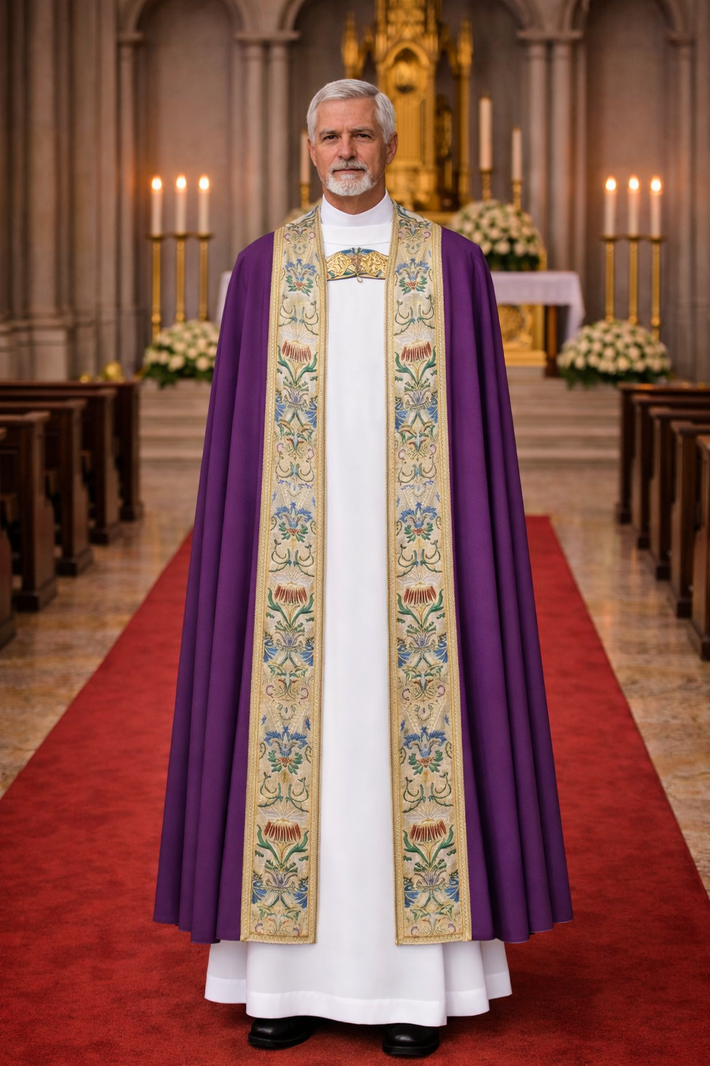 Priest in purple liturgical  cope vestments standing in a church aisle with altar and candles in the background.