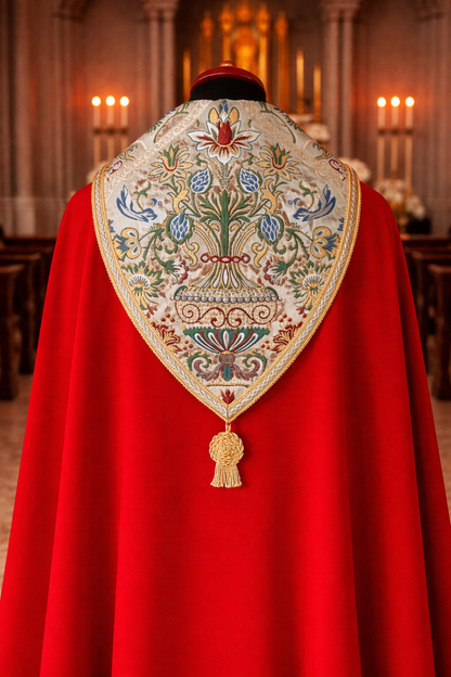 Ecclesiastical  cope vestment with coronation hood and tassel .