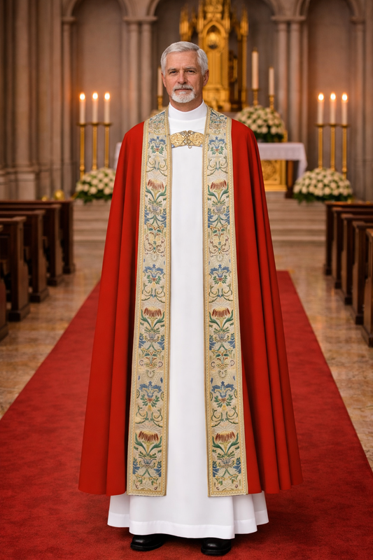 Priest in red  coronation cope vestment with embroidered stole in a church setting