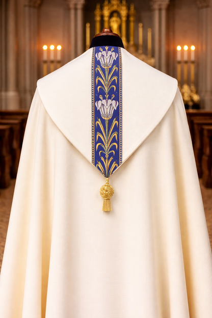 White ecclesiastical vestment with a blue and gold stole in a church setting