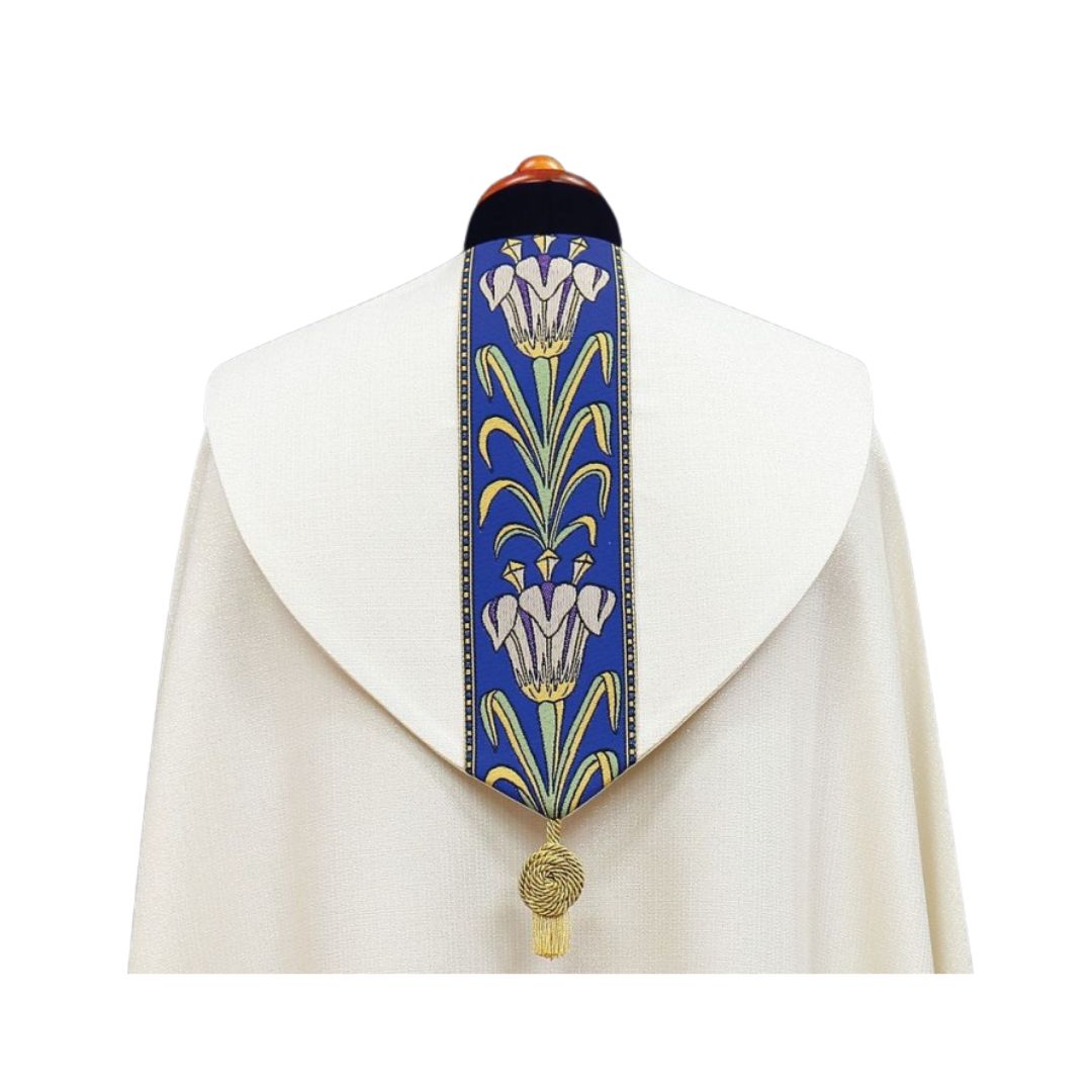 Liturgical cope vestment Annunciation Lilly's. Made in Poland and sold by The Clergy Store