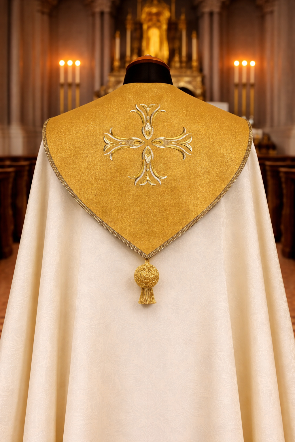 White liturgical vestment with gold cross and tassel in a church setting