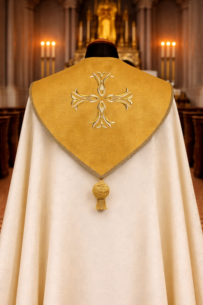 White liturgical vestment with gold cross and tassel in a church setting