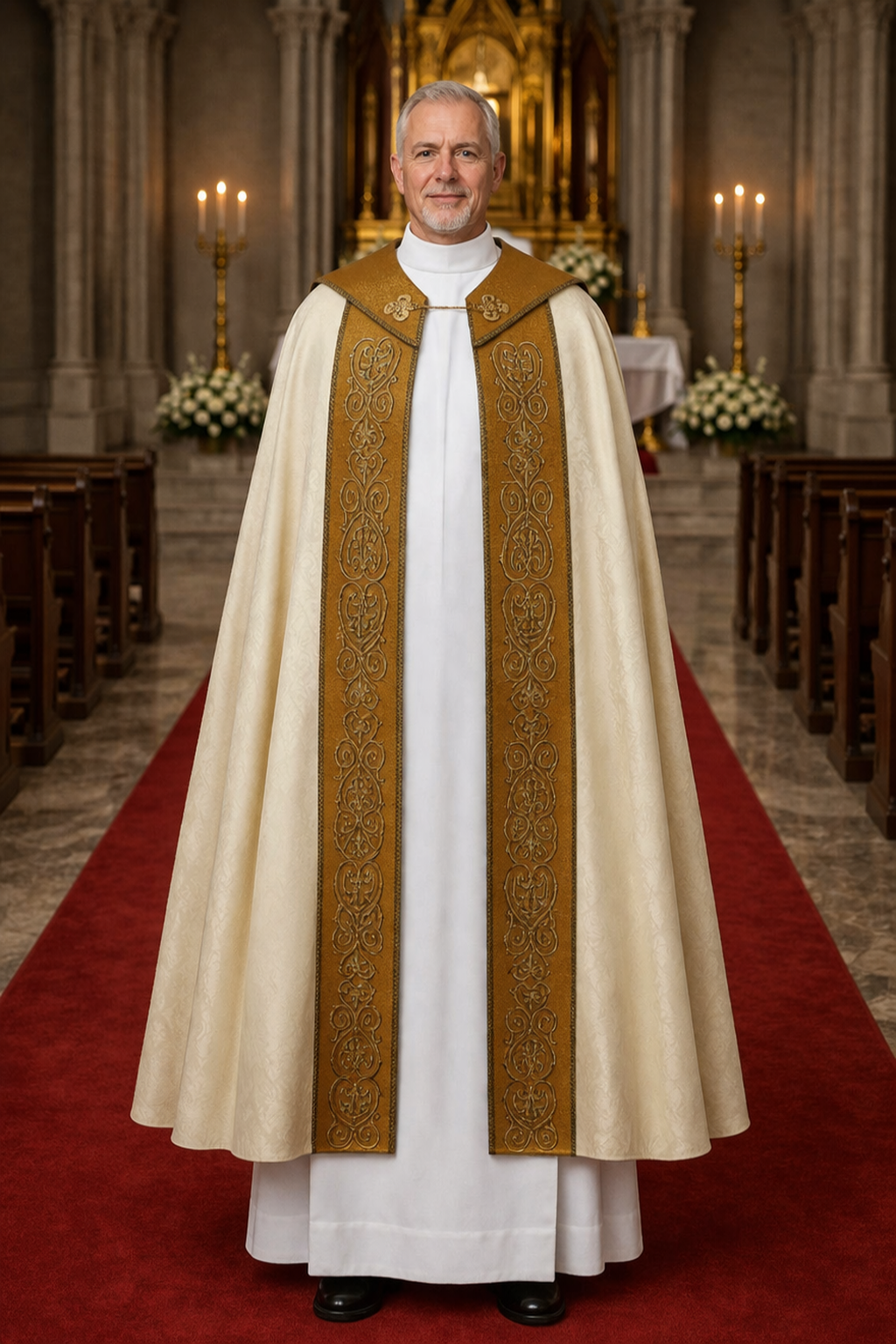 Priest in ornate vestment standing on a red carpet in a cathedral
