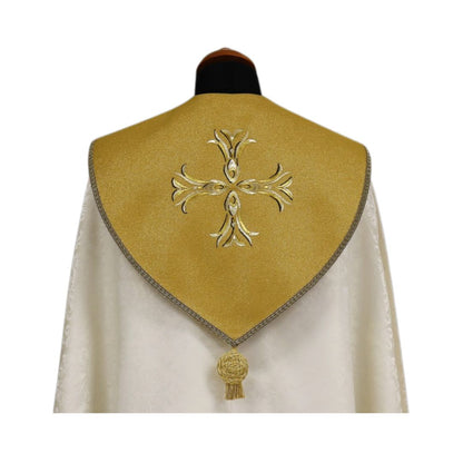 Liturgical cope vestment with rich ornate embroidery and cross on the hood. Made in Poland and sold by The Clergy Store