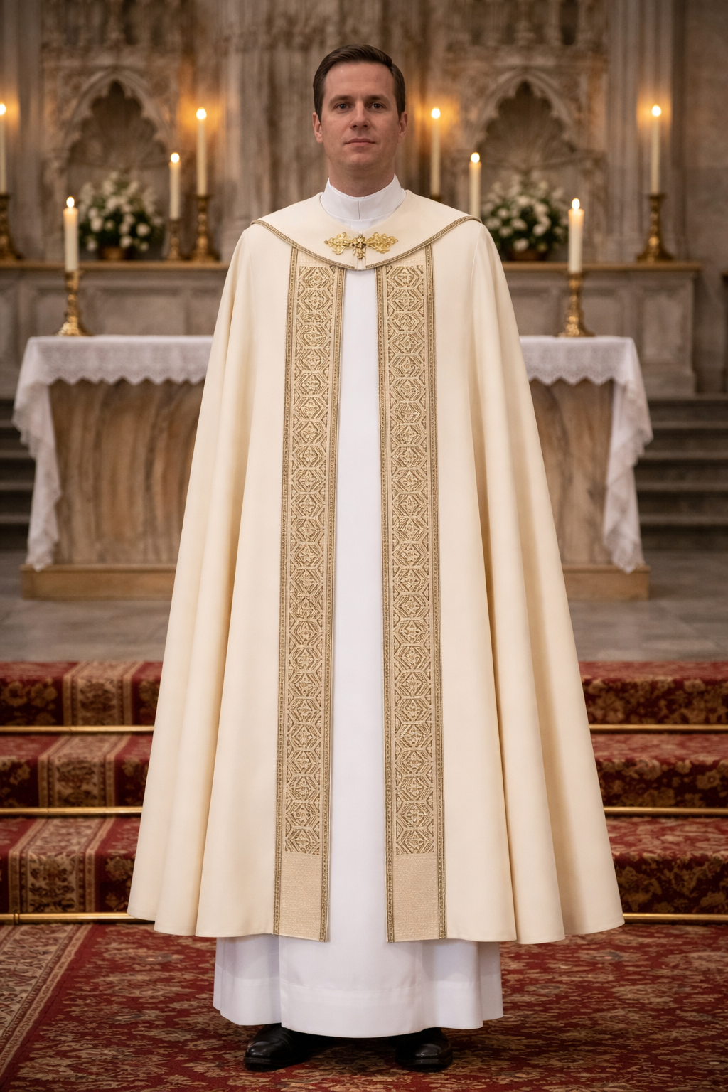 Priest in a ivory and gold liturgical vestment standing in front of an altar.