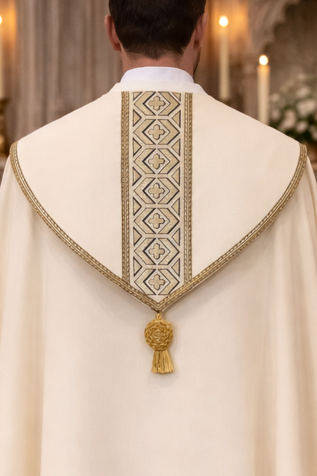 Priest in a white cope with gold embroidery and tassel standing in a church setting.