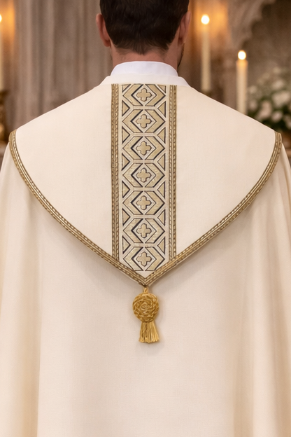 Priest in a white cope with gold embroidery and tassel standing in a church setting.