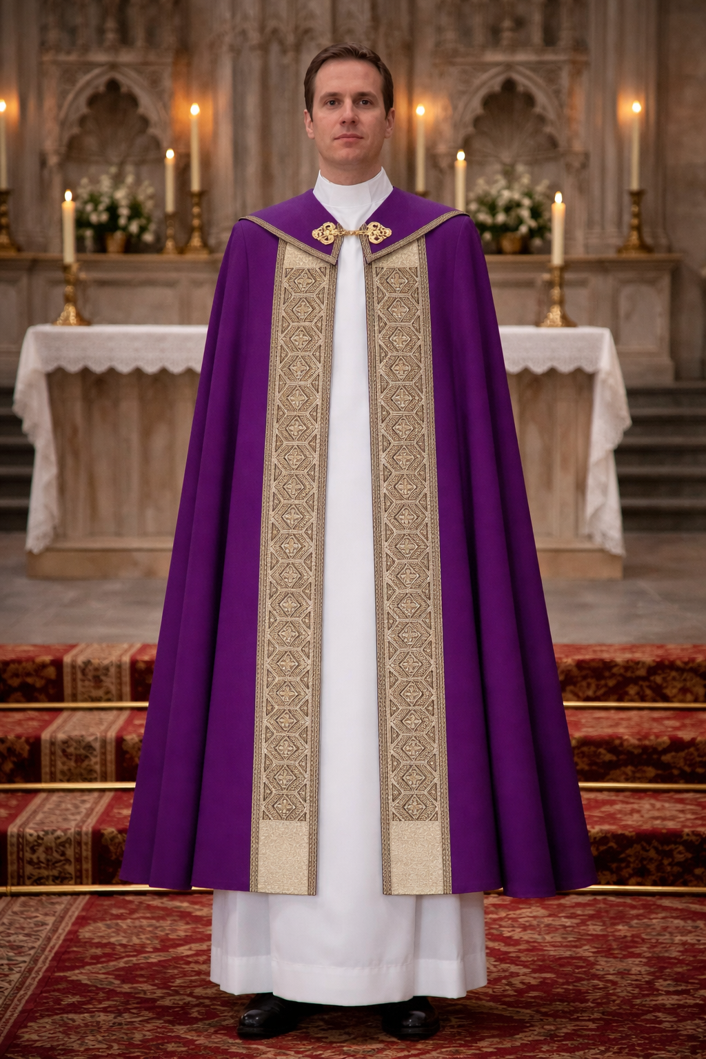 Priest in purple and gold vestment standing in a church setting
