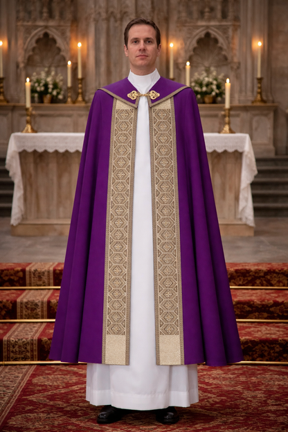 Priest in purple and gold vestment standing in a church setting
