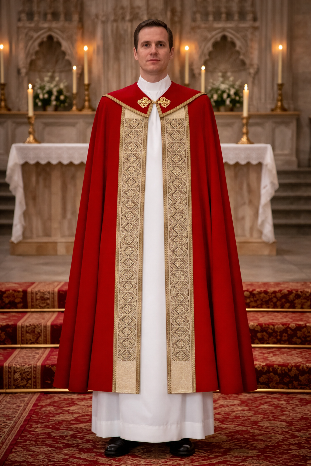 Priest in red and gold liturgical vestment standing in a church.