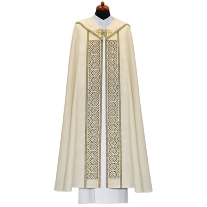 Liturgical cope vestment with embroidered infinity crosses. Made in Poland and sold by The Clergy Store