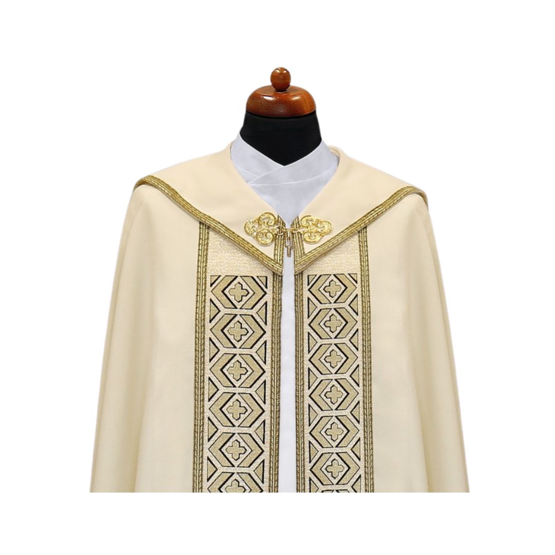 Liturgical cope vestment with embroidered infinity crosses. Made in Poland and sold by The Clergy Store