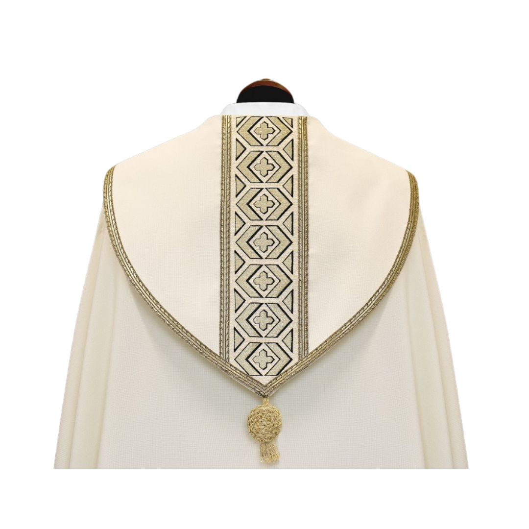 Liturgical cope vestment with embroidered infinity crosses. Made in Poland and sold by The Clergy Store