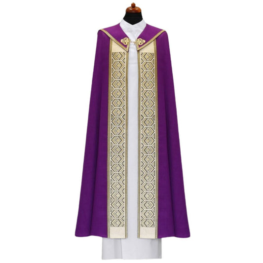 Liturgical cope vestment with embroidered infinity crosses. Made in Poland and sold by The Clergy Store