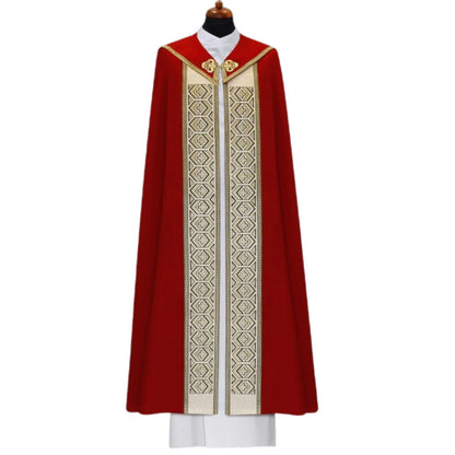 Liturgical cope vestment with embroidered infinity crosses. Made in Poland and sold by The Clergy Store