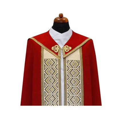 Liturgical cope vestment with embroidered infinity crosses. Made in Poland and sold by The Clergy Store