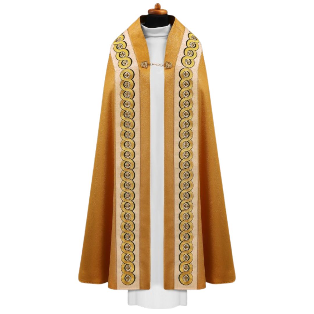 Liturgical cope vestments embroidered crosses. Made in Poland and sold by The Clergy Store