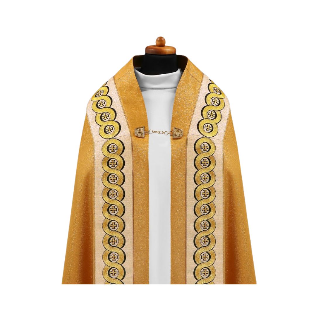 Liturgical cope vestments embroidered crosses. Made in Poland and sold by The Clergy Store