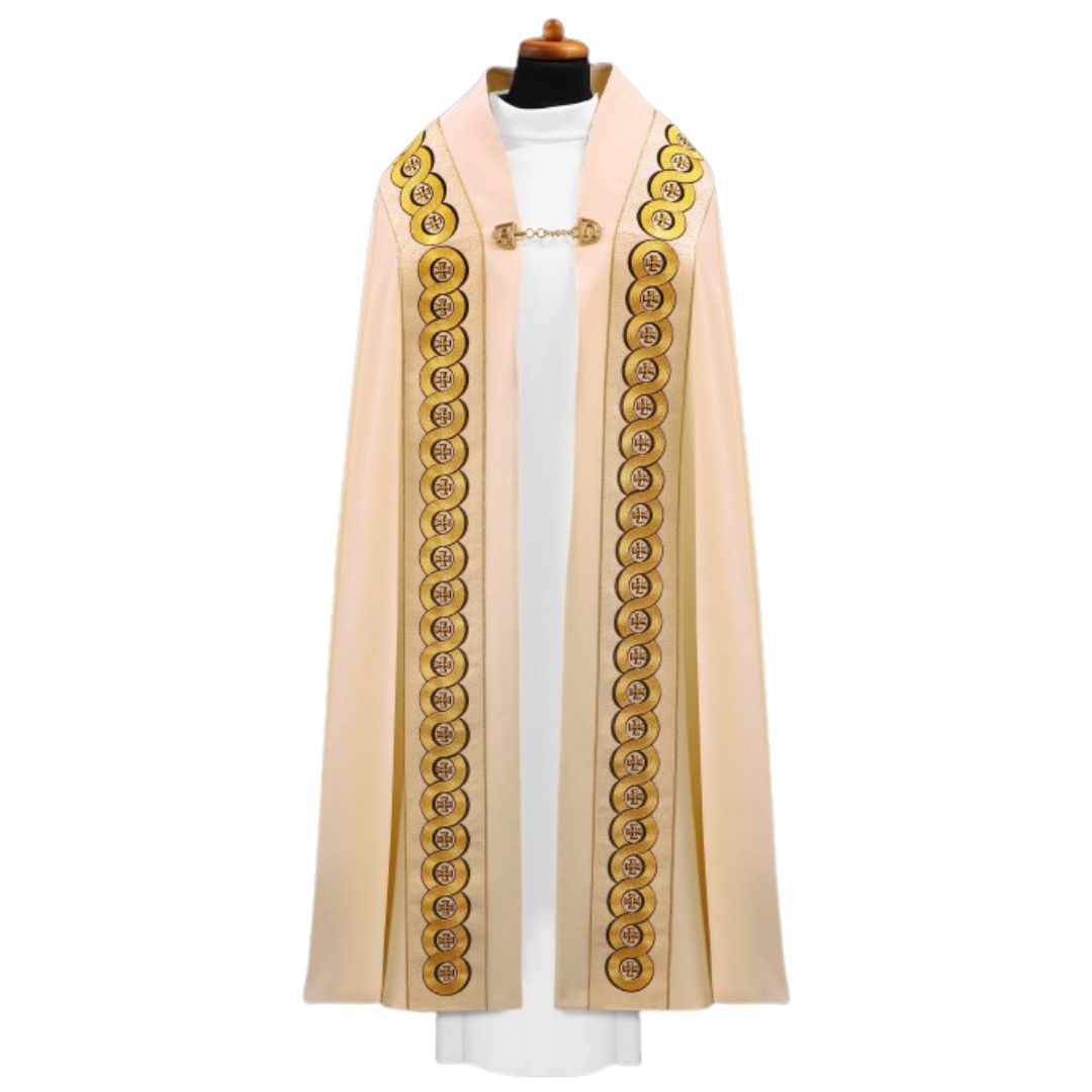 Liturgical cope vestments embroidered crosses. Made in Poland and sold by The Clergy Store