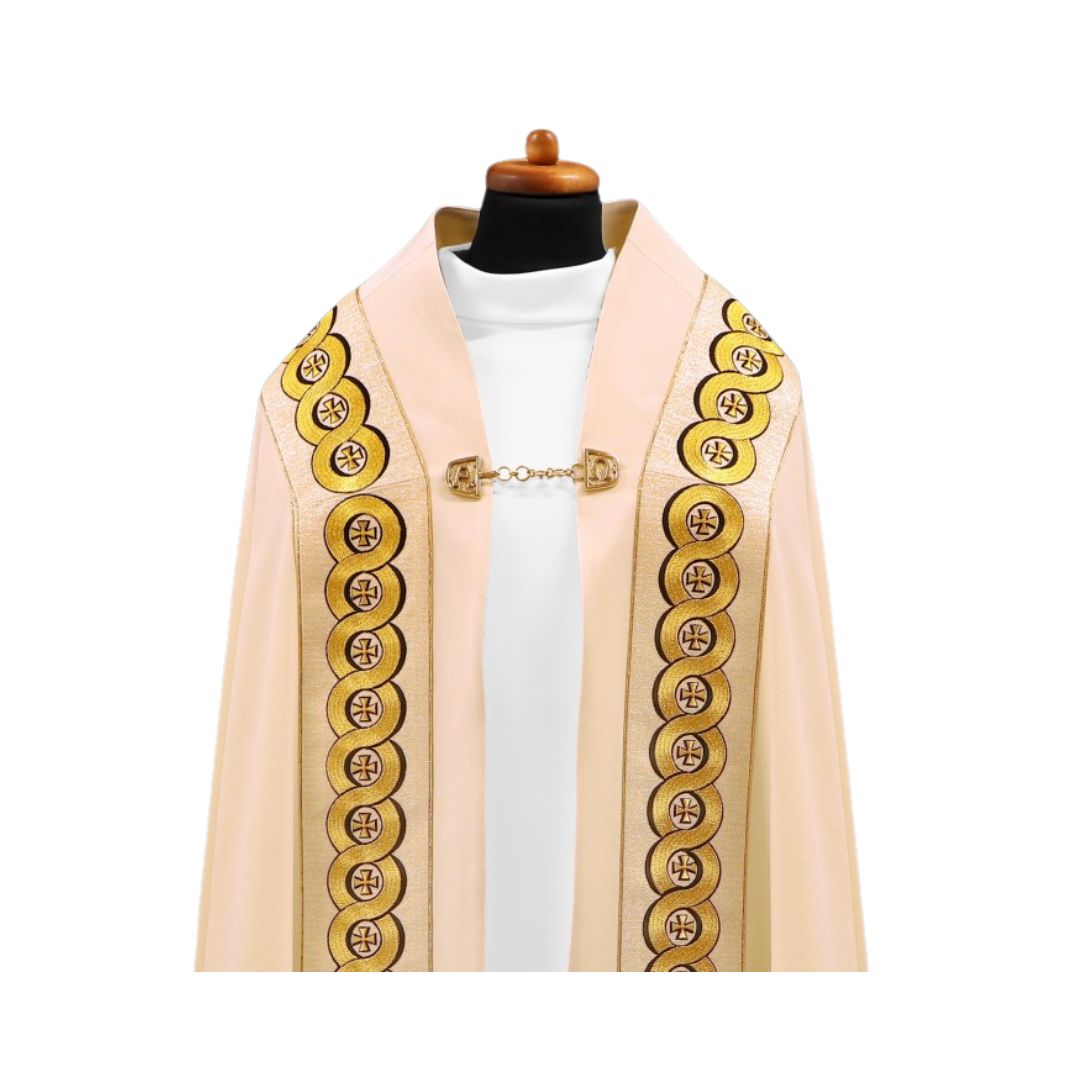 Liturgical cope vestments embroidered crosses. Made in Poland and sold by The Clergy Store