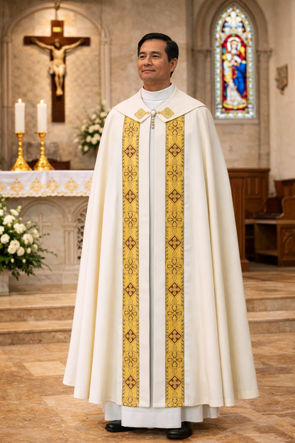 Priest in a white and gold cope standing in a church with stained glass windows and altar.