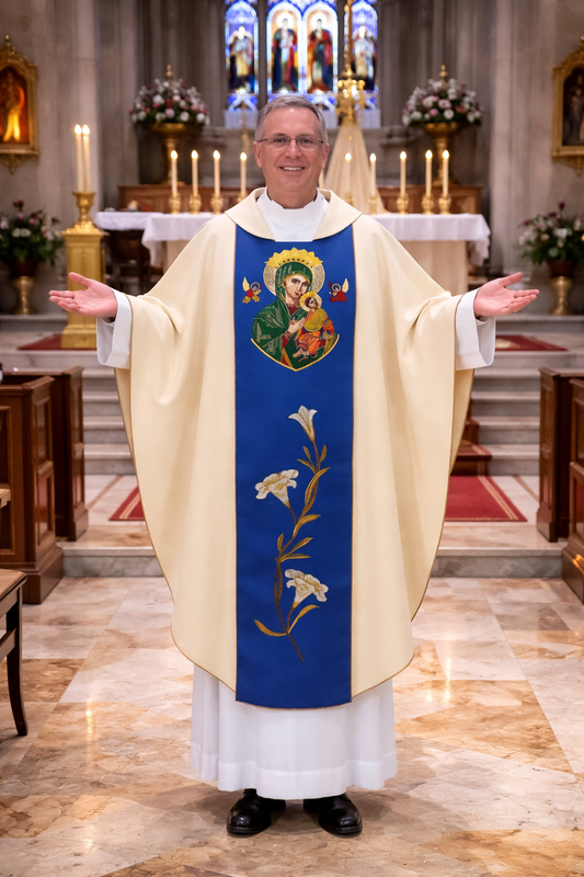 Priest in liturgical vestments with Our Lady of Perpetual Help embroidered design in a church setting