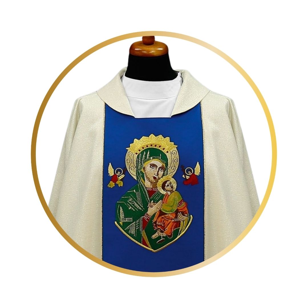 Our Lady of Perpetual Help chasuble with embroidered Lilly's on blue 