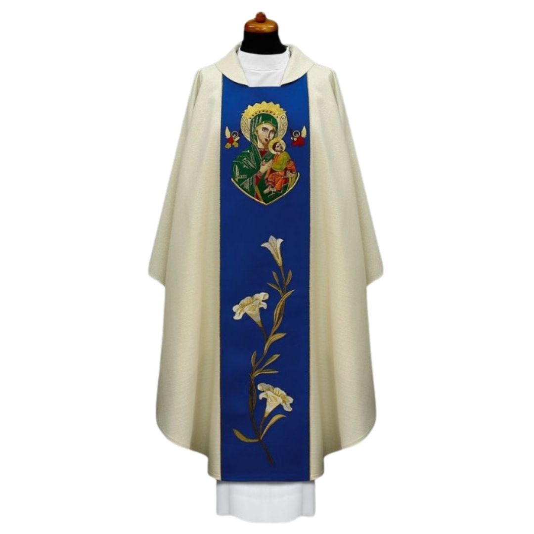 Our Lady of Perpetual Help chasuble with embroidered Lilly's on blue orphrey.