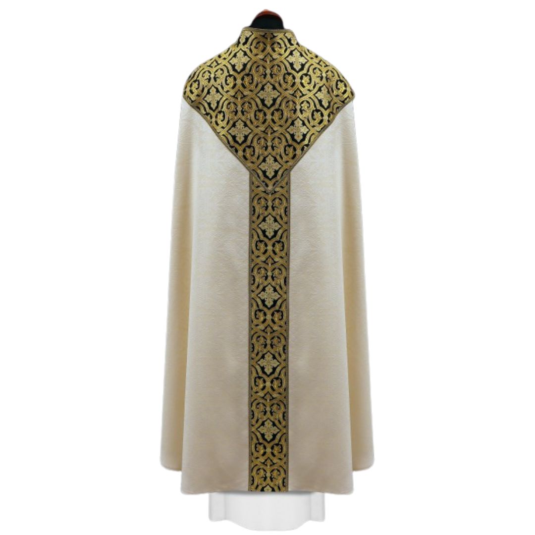 Liturgical cope made with black and gold brocade on ivory damask. Made in Poland and sold by The Clergy Store