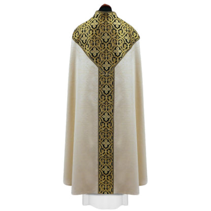Liturgical cope made with black and gold brocade on ivory damask. Made in Poland and sold by The Clergy Store