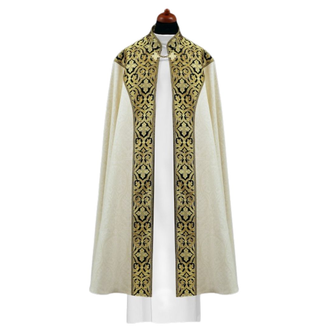 Liturgical cope made with black and gold brocade on ivory damask. Made in Poland and sold by The Clergy Store