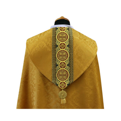 Cope in lightweight brocade damask with brocade galloon with crosses. Made in Poland and sold by The Clergy Store