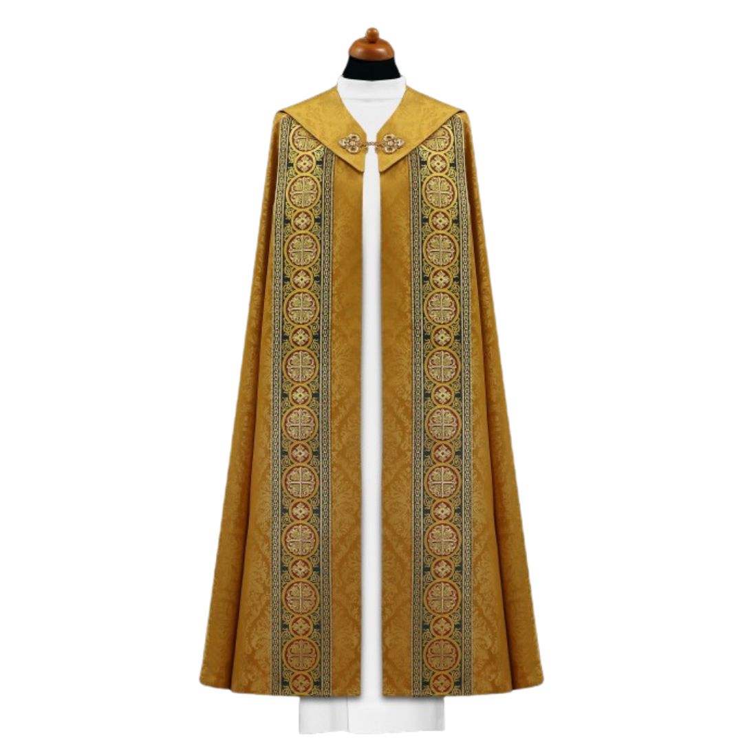 Cope in lightweight brocade damask with brocade galloon with crosses. Made in Poland and sold by The Clergy Store