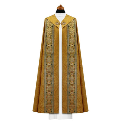 Cope in lightweight brocade damask with brocade galloon with crosses. Made in Poland and sold by The Clergy Store
