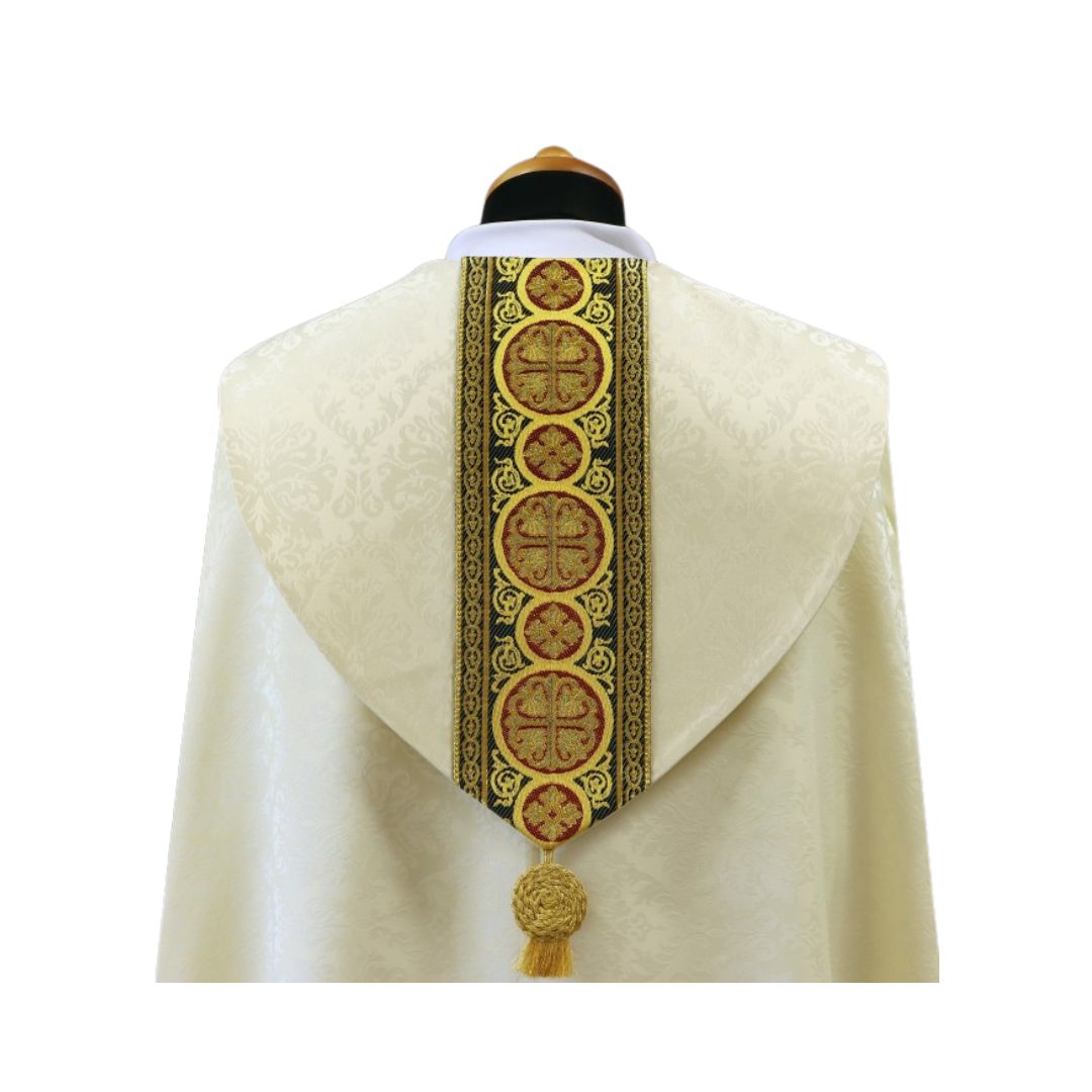 Cope in lightweight ivory damask with brocade galloon with crosses. Made in Poland and sold by The Clergy Store