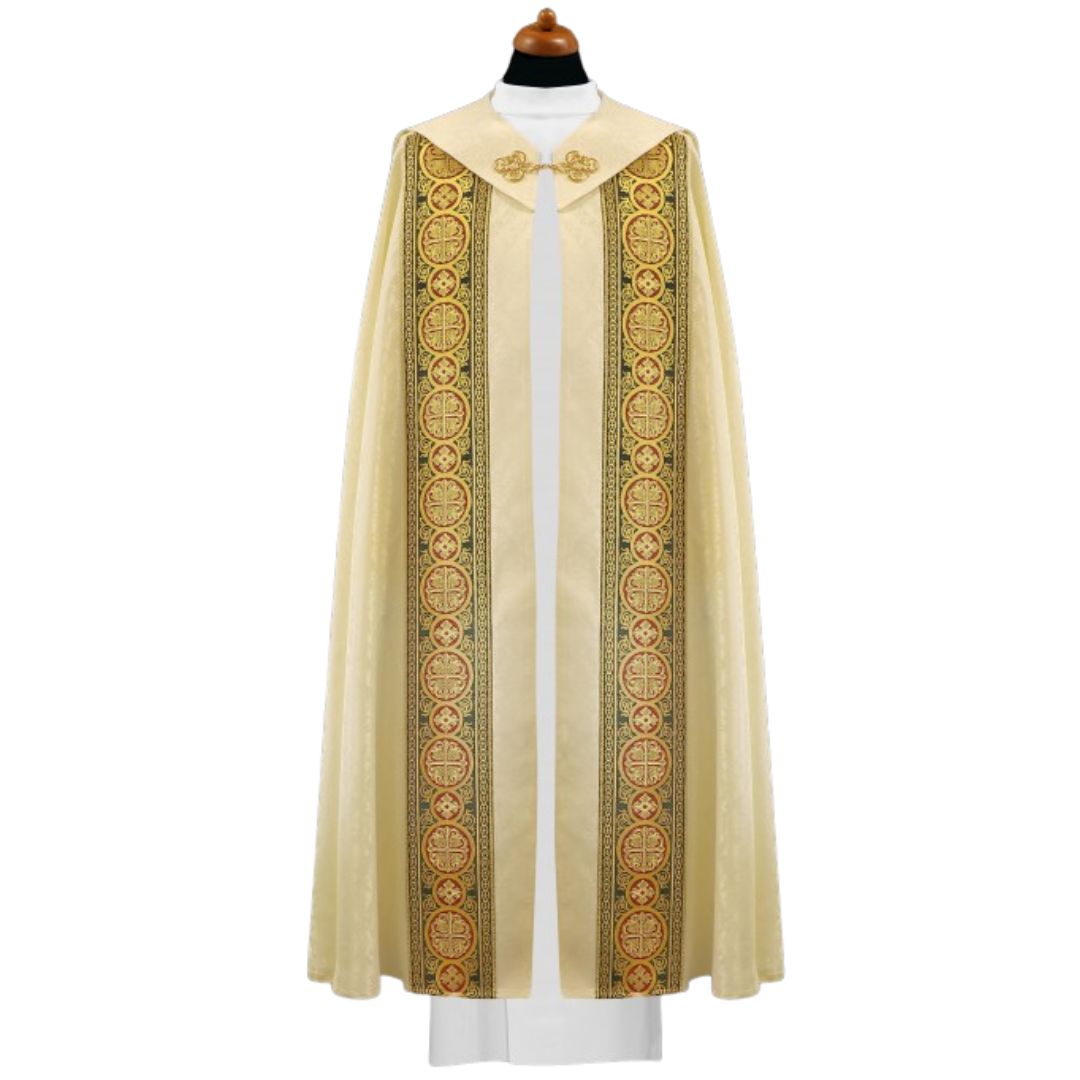 Cope in lightweight ivory damask with brocade galloon with crosses. Made in Poland and sold by The Clergy Store