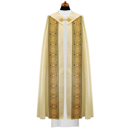 Cope in lightweight ivory damask with brocade galloon with crosses. Made in Poland and sold by The Clergy Store