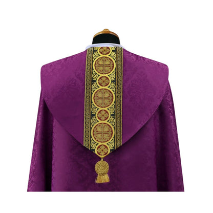 Cope in lightweight purple damask with brocade galloon with crosses. Made in Poland and sold by The Clergy Store