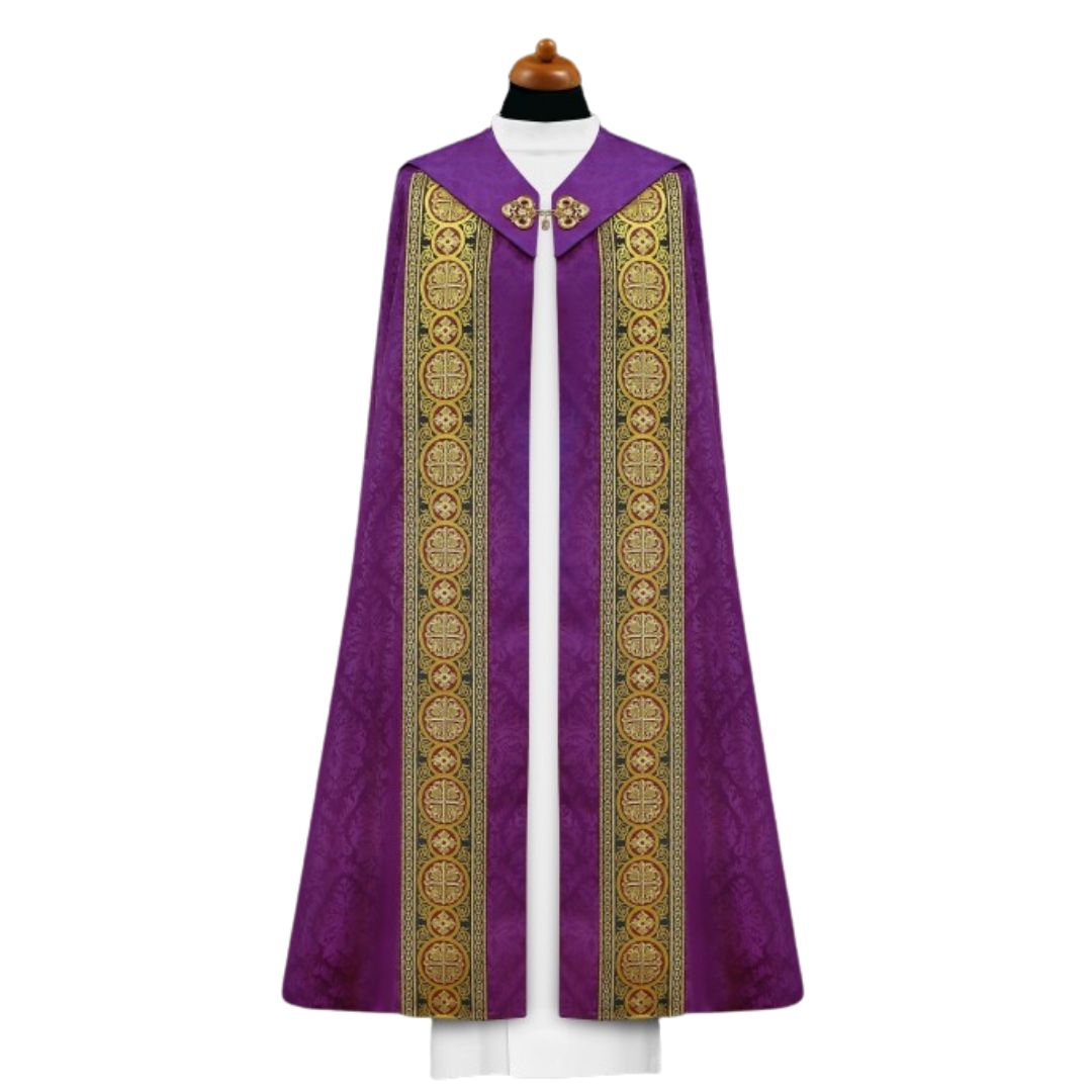Cope in lightweight purple damask with brocade galloon with crosses. Made in Poland and sold by The Clergy Store