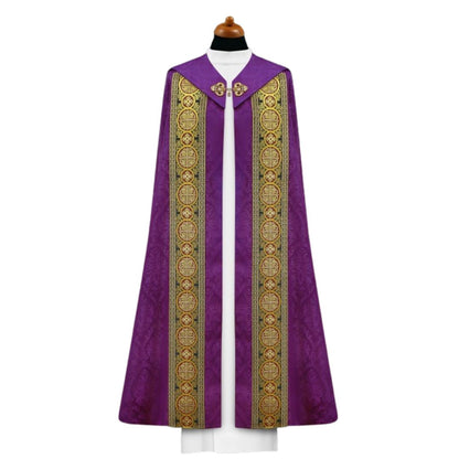 Cope in lightweight purple damask with brocade galloon with crosses. Made in Poland and sold by The Clergy Store