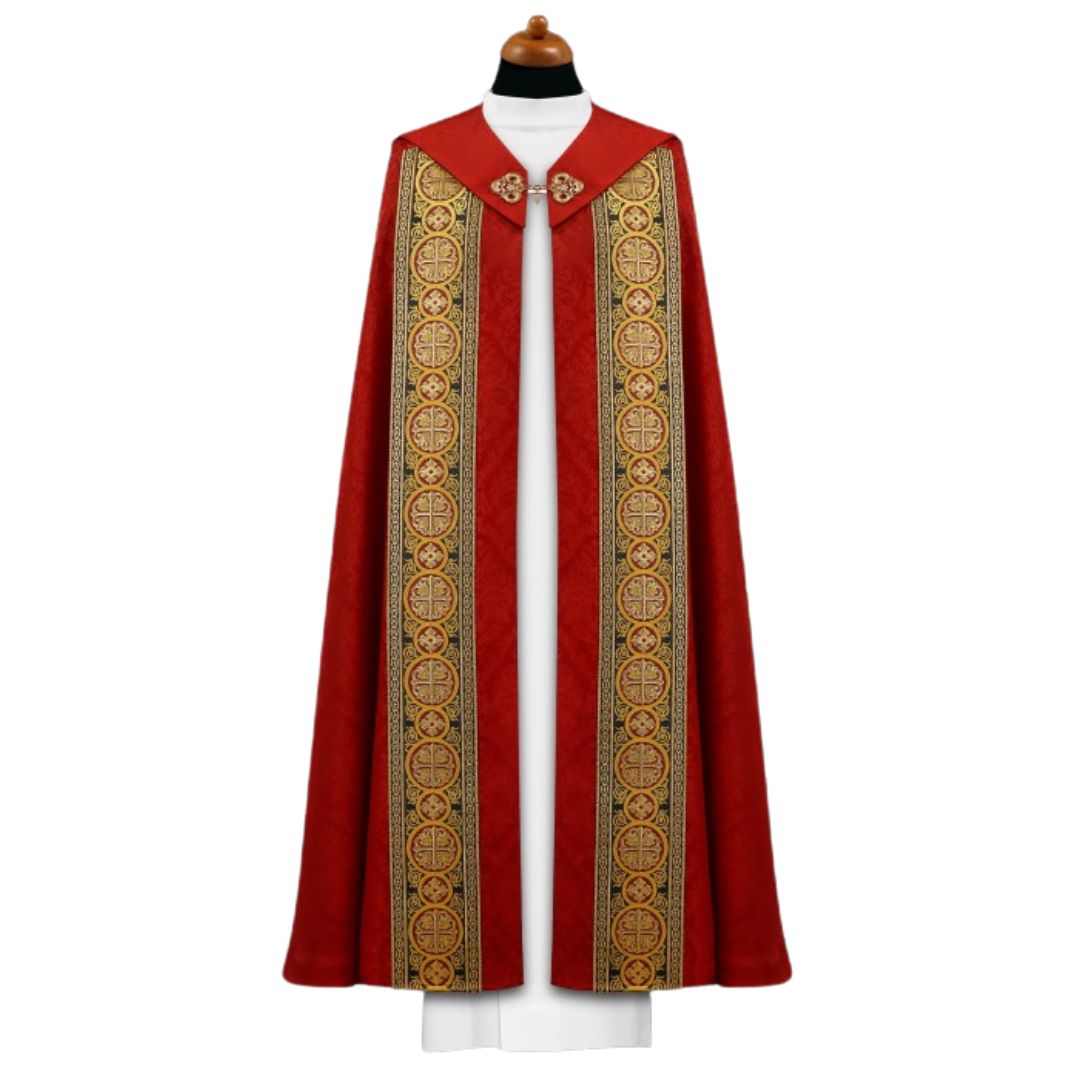 Cope in lightweight red damask with brocade galloon with crosses. Made in Poland and sold by The Clergy Store