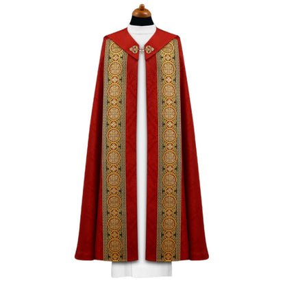 Cope in lightweight red damask with brocade galloon with crosses. Made in Poland and sold by The Clergy Store