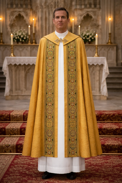 Priest in a gold brocade cope standing in a church setting with an altar in the background.