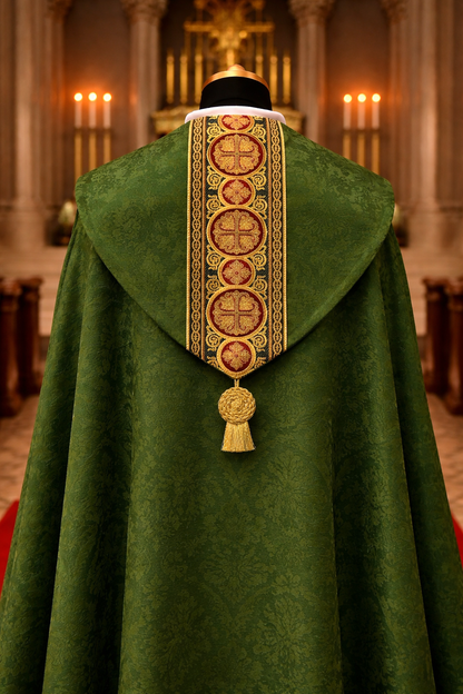 Green liturgical vestment with gold embroidery in a cathedral setting