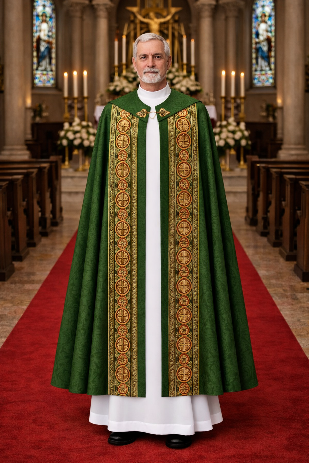 Priest in a green cope vestment standing in a church aisle with stained glass windows in the background.