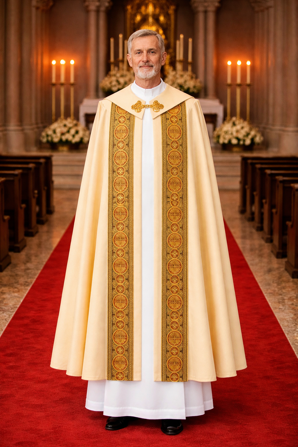 Priest in ornate liturgical vestment standing on a red carpet in a church setting.