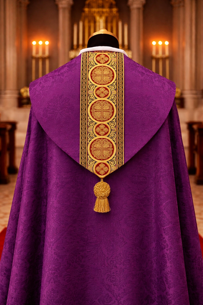 Purple liturgical vestment with gold embroidery in a church setting