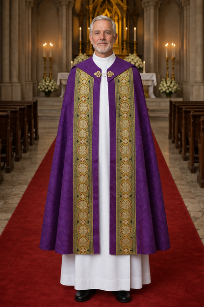 Priest in a purple cope vestment standing in a church.